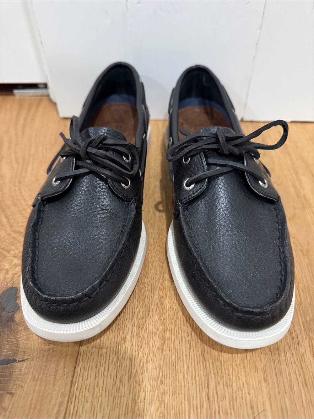 Sperry Black and White Women's Moccasin Boat Shoes - Picture 2 of 10